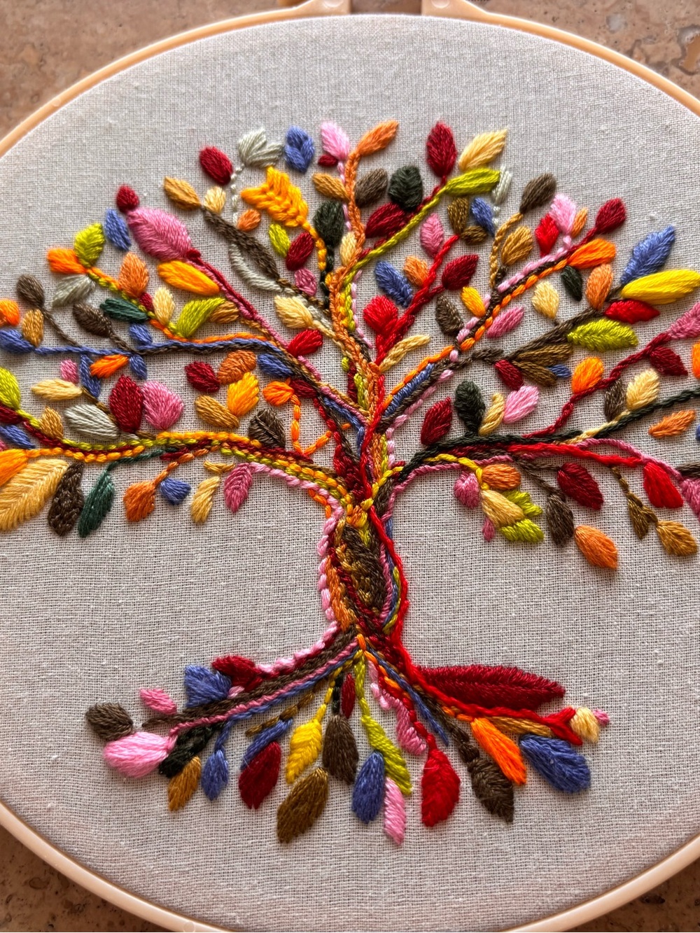 Hand-Embroidered 8” Colorful Tree of Life Wall Art - Multicolor